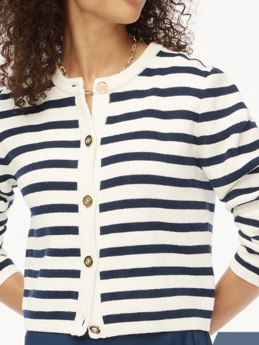 J. Crew Navy & White Striped Cardigan w/ Gold Buttons Sz Large Nautical $138